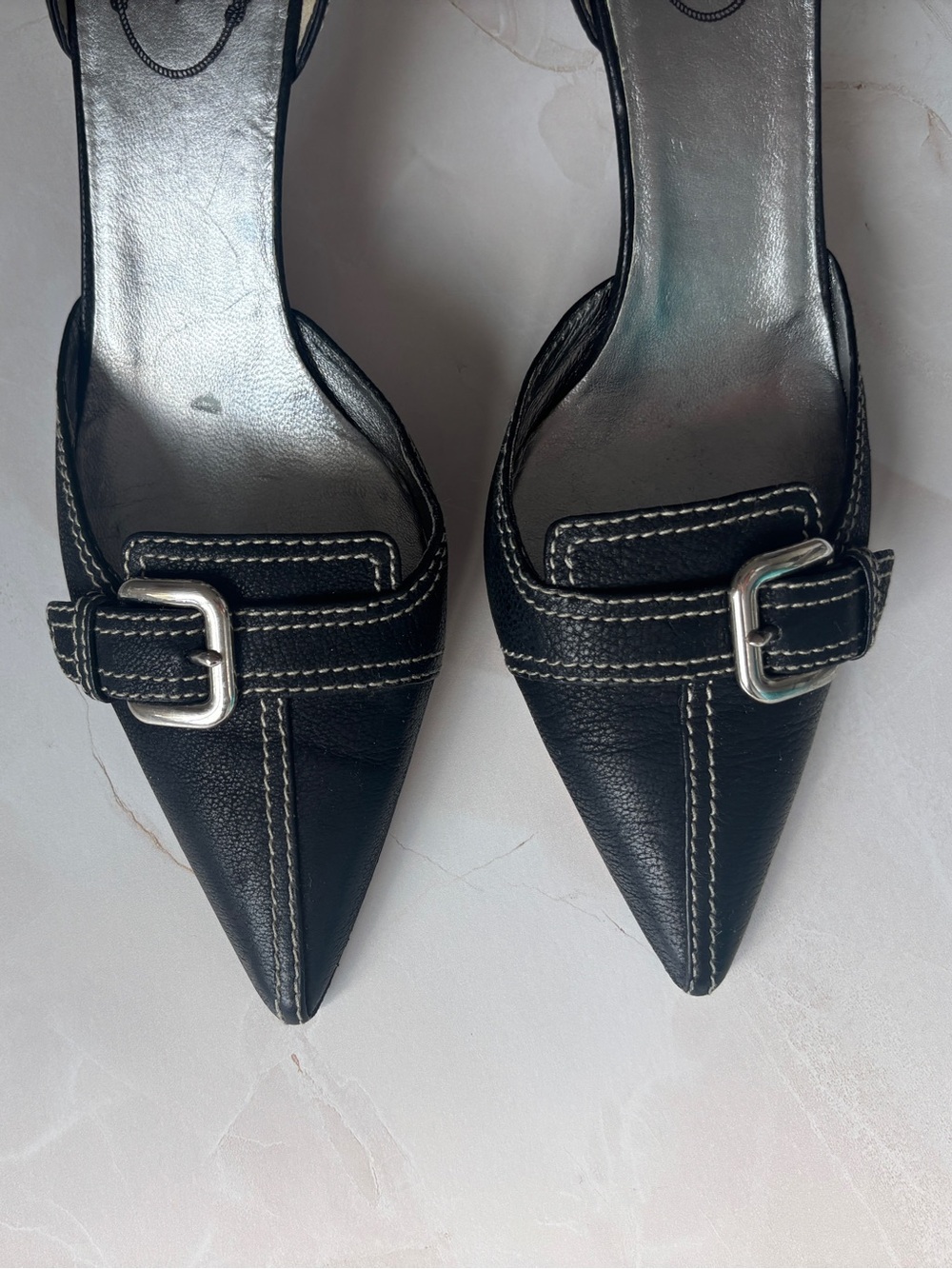 vintage Y2K Prada black leather silver buckle pointed toe kitten heel - Picture 2 of 7